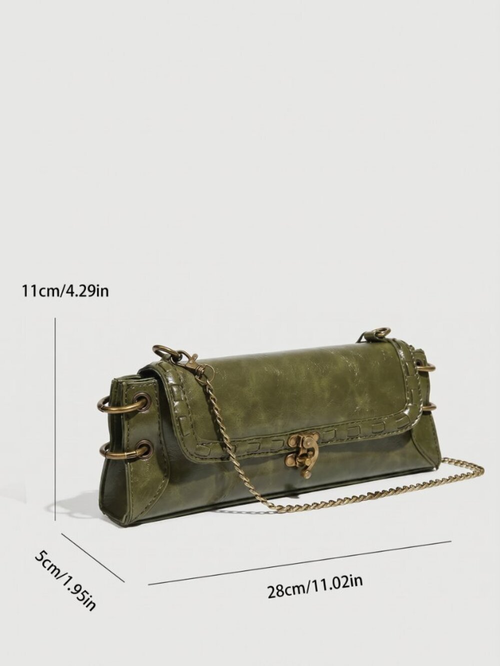 Women's Vintage Green Leather Crossbody Shoulder Bag with Chain Strap, Chic Clut - Picture 2 of 5